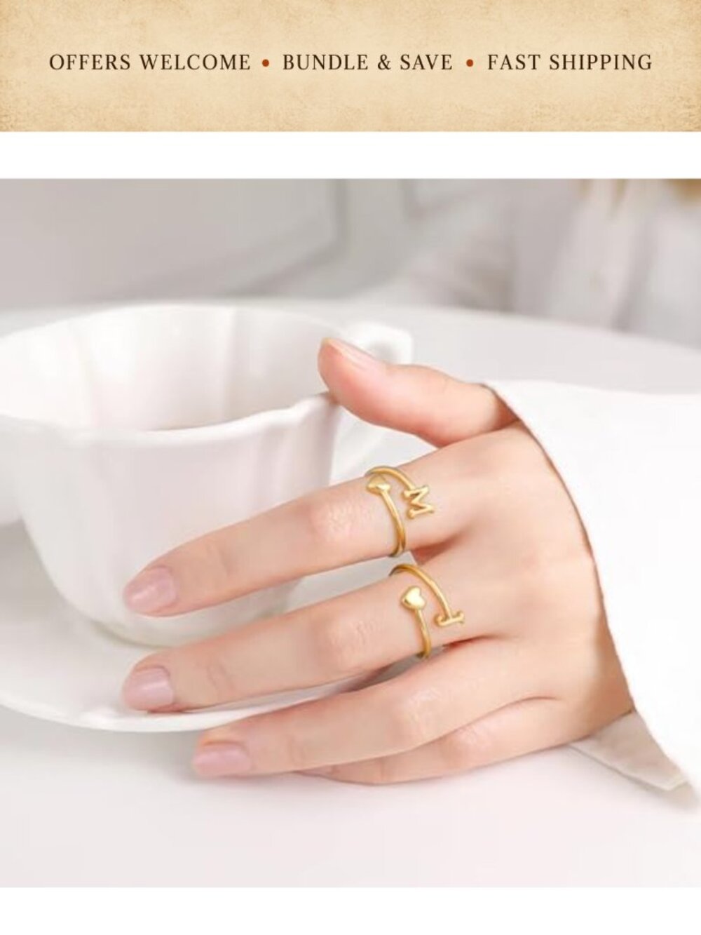 14k Gold Plated Heart Initial Ring Adjustable Stackable - Picture 2 of 6